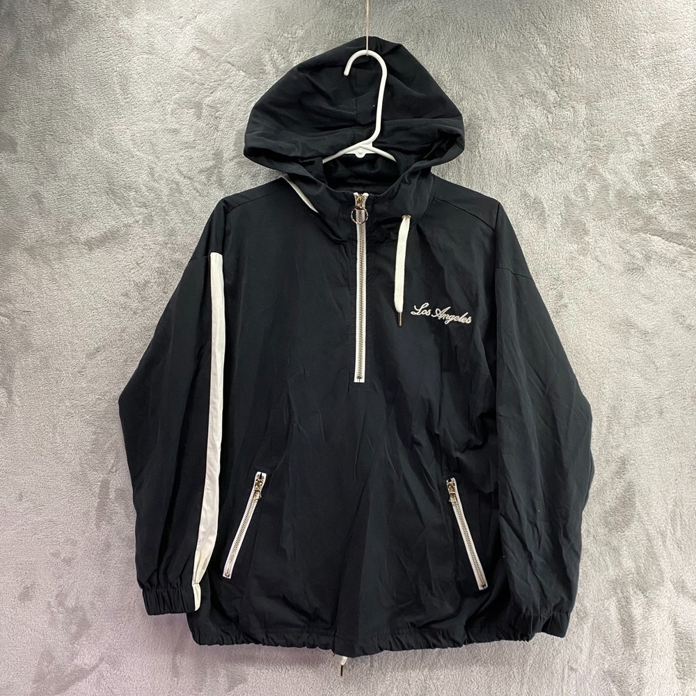 Forever 21 Womens Black Los Angeles Windbreaker Jacket Small Half Zip Hoodie EUC